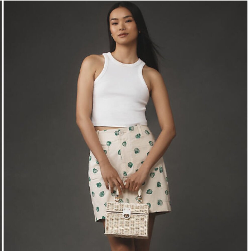 Maeve Cream Mini Skirt with Green Leaf Print